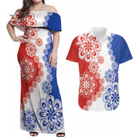 Paraguay Nanduti Traditional Lace Stylized Couples Matching Off Shoulder Maxi Dress and Hawaiian Shirt
