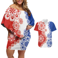 Paraguay Nanduti Traditional Lace Stylized Couples Matching Off Shoulder Short Dress and Hawaiian Shirt