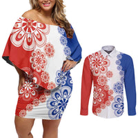 Paraguay Nanduti Traditional Lace Stylized Couples Matching Off Shoulder Short Dress and Long Sleeve Button Shirt