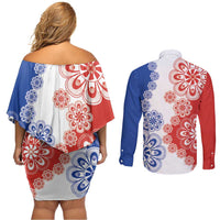 Paraguay Nanduti Traditional Lace Stylized Couples Matching Off Shoulder Short Dress and Long Sleeve Button Shirt