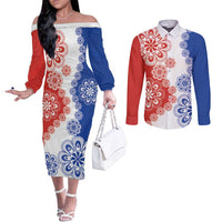 Paraguay Nanduti Traditional Lace Stylized Couples Matching Off The Shoulder Long Sleeve Dress and Long Sleeve Button Shirt