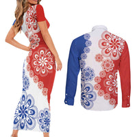 Paraguay Nanduti Traditional Lace Stylized Couples Matching Short Sleeve Bodycon Dress and Long Sleeve Button Shirt