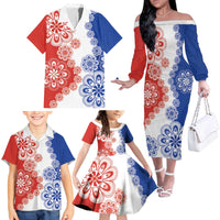Paraguay Nanduti Traditional Lace Stylized Family Matching Off The Shoulder Long Sleeve Dress and Hawaiian Shirt
