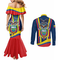Matching mermaid dress and long-sleeve button shirt, back view, Ecuador crest print