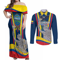 Off-shoulder maxi dress and long-sleeve button shirt set with Ecuador-themed graphics, blue/red