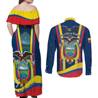 Off-shoulder maxi dress and long-sleeve button shirt set, back view with Ecuador-themed graphics