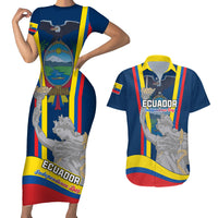 Couples matching blue bodycon dress and Hawaiian shirt with Ecuador monument graphics