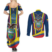 Blue printed back-view maxi dress and matching long-sleeve button shirt, colorful Ecuador graphic