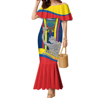 Women’s off-shoulder mermaid dress with ruffle trim, Ecuador graphic, blue and red