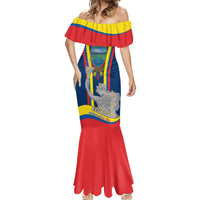 Women’s off-shoulder mermaid dress with ruffled neckline, Ecuador emblem, blue and red