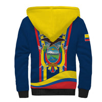 Blue sherpa hoodie with yellow hood lining and large colorful crest back