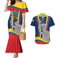 Couples dress and Hawaiian shirt set: off-shoulder ruffle, red skirt; navy shirt with Ecuador text.