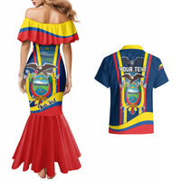 Couples dress and Hawaiian shirt set: off-shoulder Ecuador-print dress; shirt back reads 'YOUR TEXT'.
