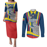 Matching couples dress and long-sleeve button shirt set, blue/red with Ecuador graphic