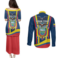 Matching couples dress and shirt set, blue with yellow/red stripes and custom back text