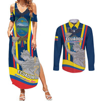 Matching set: blue printed maxi dress and blue long-sleeve button shirt with Ecuador Day graphics