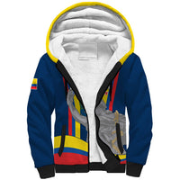 Blue sherpa zip hoodie with yellow-lined hood and colorful front graphic