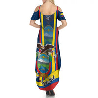 Women’s blue off-shoulder maxi dress with thin straps and colorful graphic print