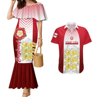 Red off-shoulder striped mermaid dress with Tudor-style crest, with red Hawaiian shirt