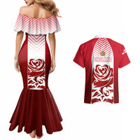 Red off-shoulder striped mermaid dress back view with crest, paired with red Hawaiian shirt