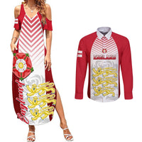 Matching red and white chevron maxi dress with England crest; long-sleeve red button shirt