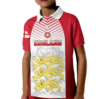 Kids red polo shirt with white collar and striped front panel, England crest graphic