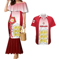 Red off-shoulder mermaid dress with chevron stripes and crest print; red Hawaiian shirt