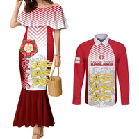 Red off-shoulder mermaid dress and red long-sleeve England print button shirt set