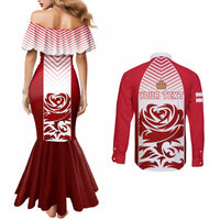 Back view: red chevron mermaid dress and red shirt with YOUR TEXT panel