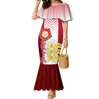 Women’s red and white off-shoulder mermaid dress with floral crest print and chevron stripes