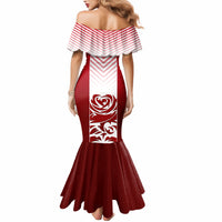 Women’s red and white off-shoulder mermaid dress, back panel with rose and vine graphic
