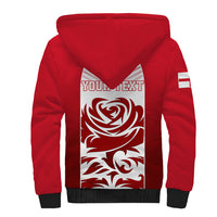 Red sherpa hoodie back with 'YOUR TEXT' print and white stripe sleeve patch
