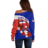 Costa Rica Off Shoulder Sweater Costa Rica Coat Of Arms With Flowers - Wonder Print Shop