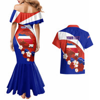 Personalised Costa Rica Couples Matching Mermaid Dress and Hawaiian Shirt Costa Rica Coat Of Arms With Flowers - Wonder Print Shop