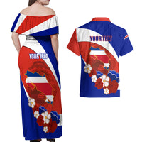 Personalised Costa Rica Couples Matching Off Shoulder Maxi Dress and Hawaiian Shirt Costa Rica Coat Of Arms With Flowers - Wonder Print Shop