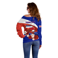 Personalised Costa Rica Off Shoulder Sweater Costa Rica Coat Of Arms With Flowers - Wonder Print Shop