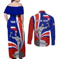 Personalised Costa Rica Independence Day Couples Matching Off Shoulder Maxi Dress and Long Sleeve Button Shirts Juan Santamaria National Hero - Wonder Print Shop