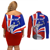 Personalised Costa Rica Independence Day Couples Matching Off Shoulder Short Dress and Long Sleeve Button Shirts Juan Santamaria National Hero - Wonder Print Shop