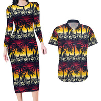 Hawaii Hibiscus Palm Tree Sunset Couples Matching Long Sleeve Bodycon Dress and Hawaiian Shirt Tropical Style - Wonder Print Shop