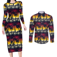 Hawaii Hibiscus Palm Tree Sunset Couples Matching Long Sleeve Bodycon Dress and Long Sleeve Button Shirt Tropical Style - Wonder Print Shop