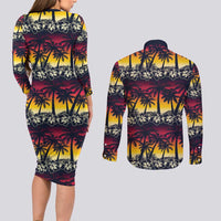 Hawaii Hibiscus Palm Tree Sunset Couples Matching Long Sleeve Bodycon Dress and Long Sleeve Button Shirt Tropical Style - Wonder Print Shop
