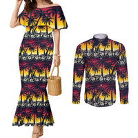 Hawaii Hibiscus Palm Tree Sunset Couples Matching Mermaid Dress and Long Sleeve Button Shirt Tropical Style - Wonder Print Shop