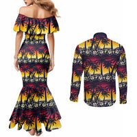 Hawaii Hibiscus Palm Tree Sunset Couples Matching Mermaid Dress and Long Sleeve Button Shirt Tropical Style - Wonder Print Shop