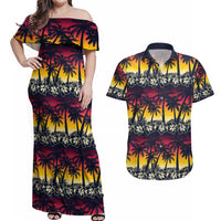 Hawaii Hibiscus Palm Tree Sunset Couples Matching Off Shoulder Maxi Dress and Hawaiian Shirt Tropical Style - Wonder Print Shop
