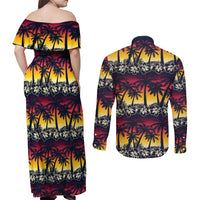 Hawaii Hibiscus Palm Tree Sunset Couples Matching Off Shoulder Maxi Dress and Long Sleeve Button Shirt Tropical Style - Wonder Print Shop
