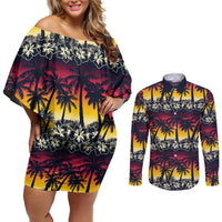 Hawaii Hibiscus Palm Tree Sunset Couples Matching Off Shoulder Short Dress and Long Sleeve Button Shirt Tropical Style - Wonder Print Shop