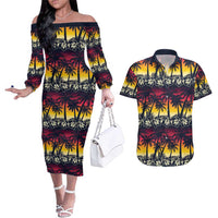 Hawaii Hibiscus Palm Tree Sunset Couples Matching Off The Shoulder Long Sleeve Dress and Hawaiian Shirt Tropical Style - Wonder Print Shop