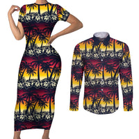 Hawaii Hibiscus Palm Tree Sunset Couples Matching Short Sleeve Bodycon Dress and Long Sleeve Button Shirt Tropical Style - Wonder Print Shop
