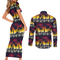 Hawaii Hibiscus Palm Tree Sunset Couples Matching Short Sleeve Bodycon Dress and Long Sleeve Button Shirt Tropical Style - Wonder Print Shop