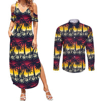 Hawaii Hibiscus Palm Tree Sunset Couples Matching Summer Maxi Dress and Long Sleeve Button Shirt Tropical Style - Wonder Print Shop